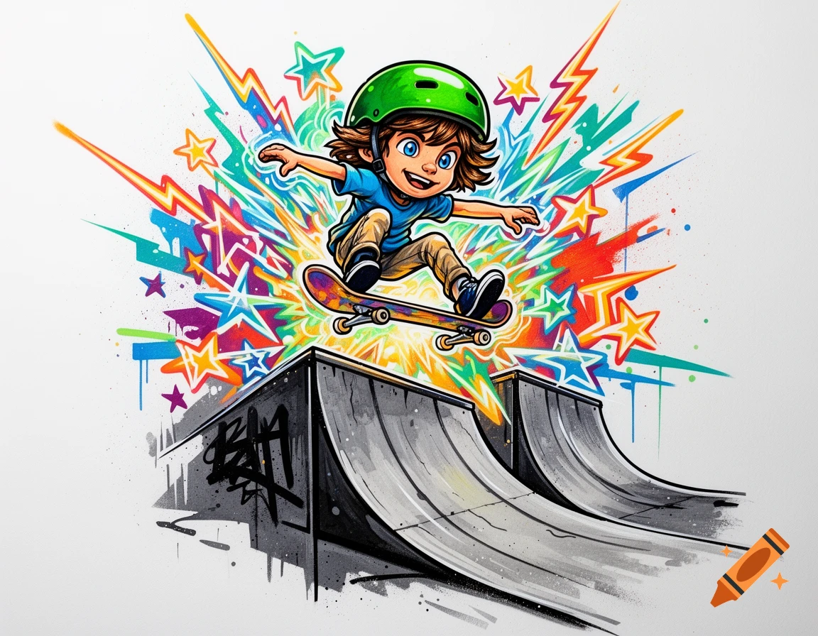 Cartoon boy in a green helmet jumping a skateboard off a ramp, surrounded by colorful stars and lightning bolts in a graffiti style.