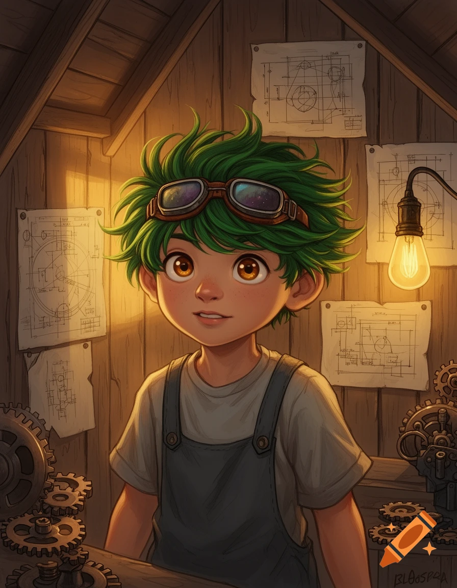 An anime-style young boy with green spiky hair and steampunk goggles smiles, wearing overalls in a cozy, warm-lit attic workshop filled with gears and blueprints.