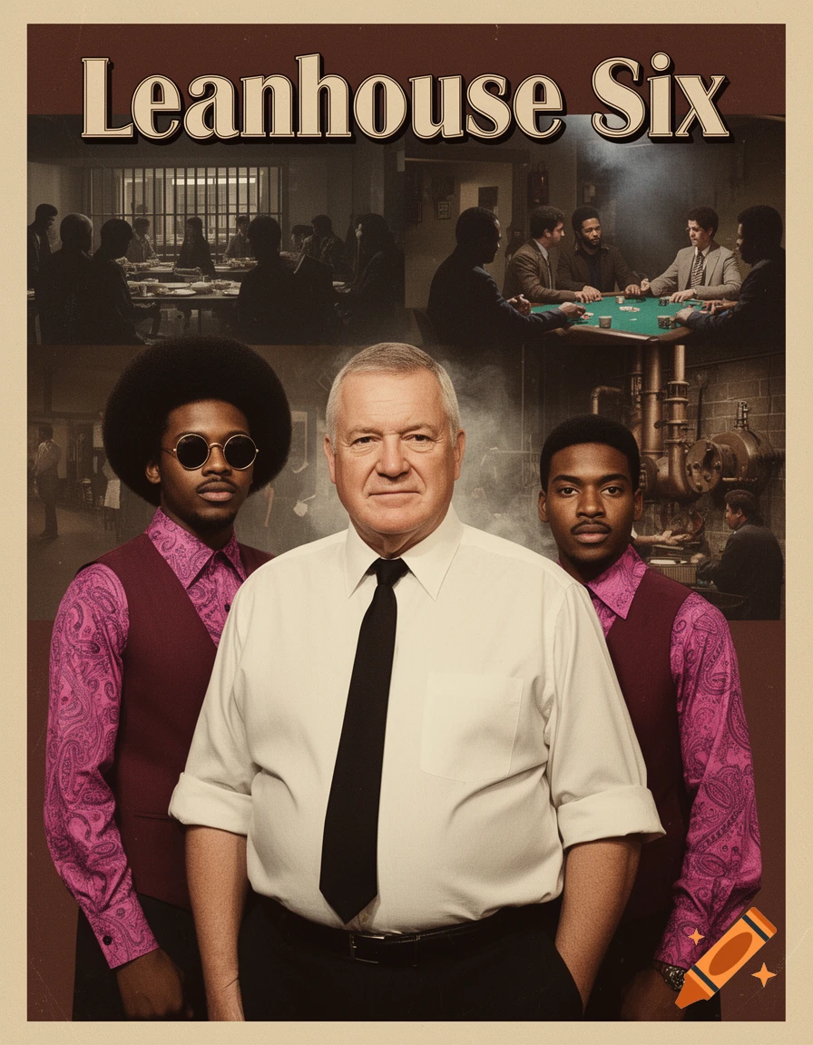 1970s detective thriller movie poster for 'Leanhouse Six' with a central older man, two younger men, and scenes of a prison and poker game.