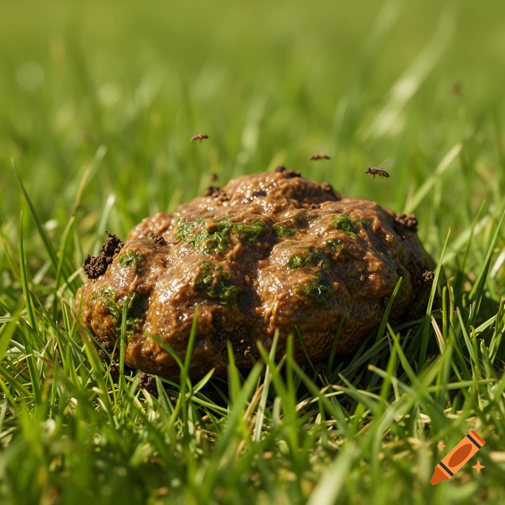 A close-up of a pile of animal feces on green grass with flies buzzing around, photorealistic.