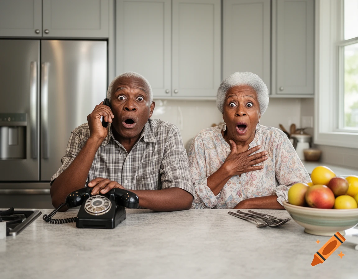 A black elderly couple with stunned expressions in a kitchen; the man holds a phone to his ear, a rotary phone on the counter.