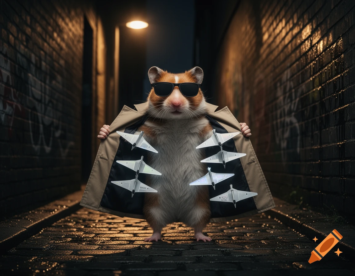 A photorealistic hamster in dark sunglasses and a trenchcoat stands in a wet, dark alley, holding its coat open to reveal several small white triangular drones.