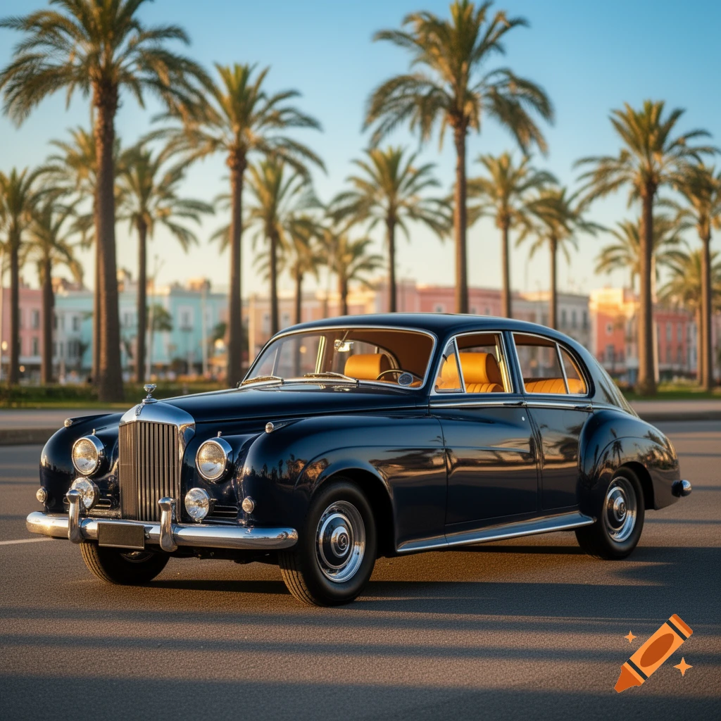 A dark blue classic car with tan interior parked on a street lined with palm trees and colorful buildings under a clear sky.