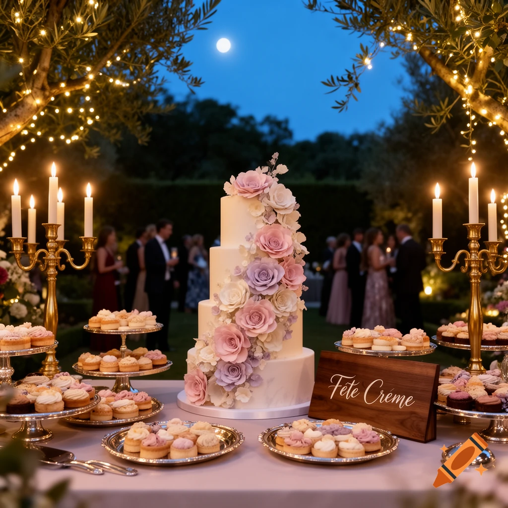 A grand wedding cake with pink and purple flowers, surrounded by desserts and candles at an outdoor night event with guests in the background.