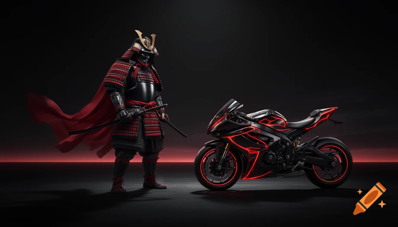 A samurai in black and red armor with a katana stands next to a black sports motorcycle with glowing red neon lines, on a dark ground with a red horizon.
