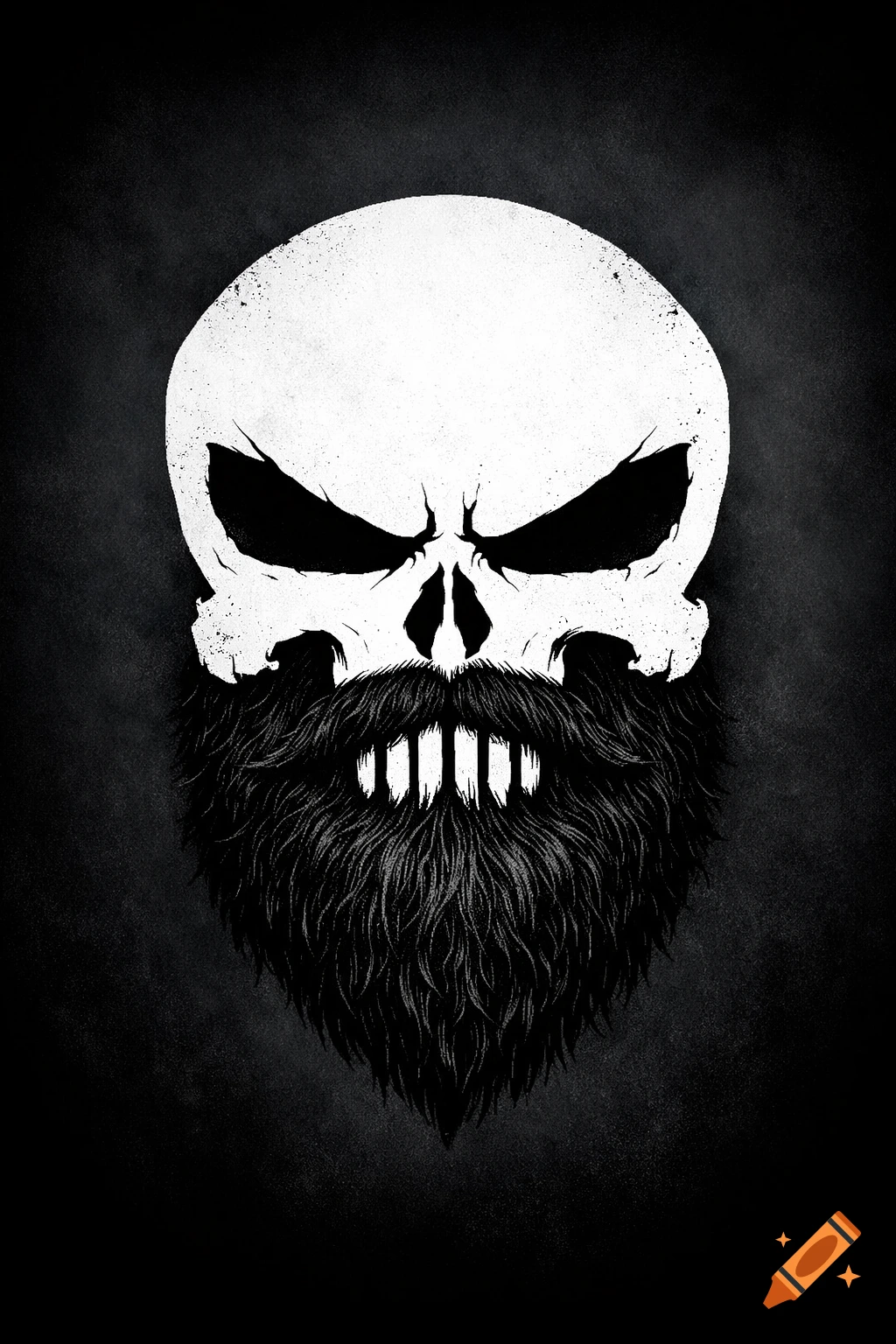 A white stylized skull with black eye sockets and nose, featuring a full black beard and mustache, on a dark textured background.