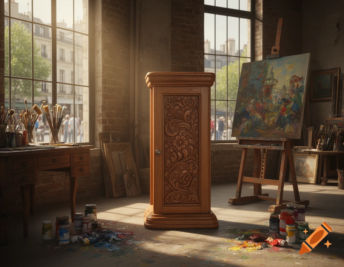 A brightly lit artist's studio with a wooden cabinet, an easel with a vibrant painting, and art supplies scattered on a desk and floor near large windows.