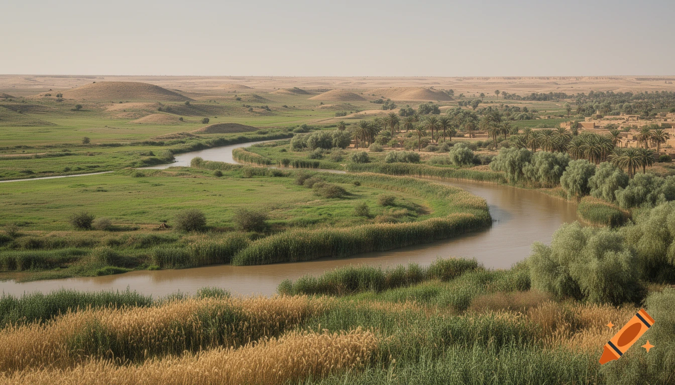An aerial view of a winding muddy river flowing through lush green and golden fields, with palm trees and a village in the distance under a pale sky.