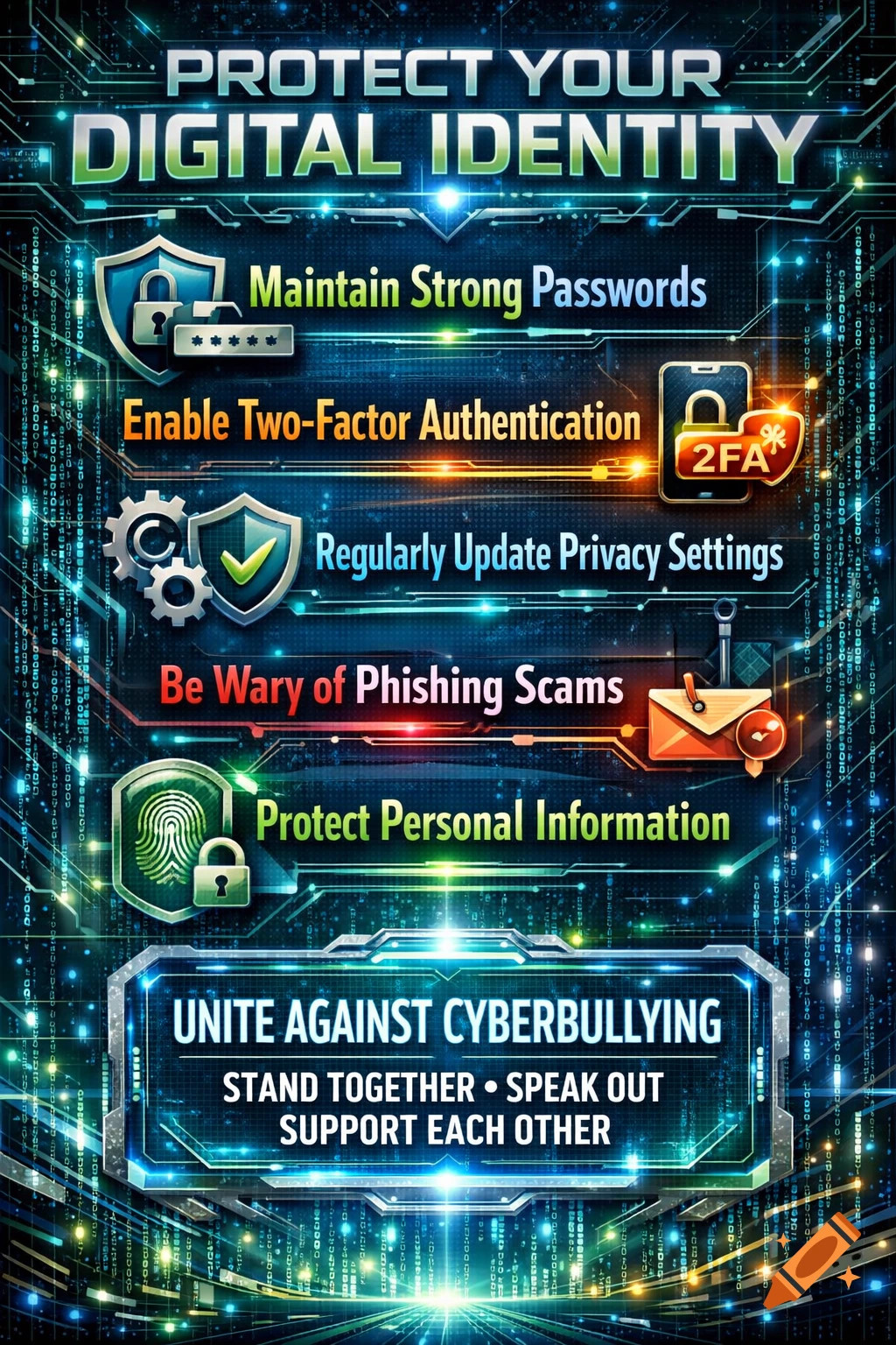 A digital poster titled 'Protect Your Digital Identity' with five rules for online safety, and a section 'Unite Against Cyberbullying' with supporting text, all on a tech-themed background.