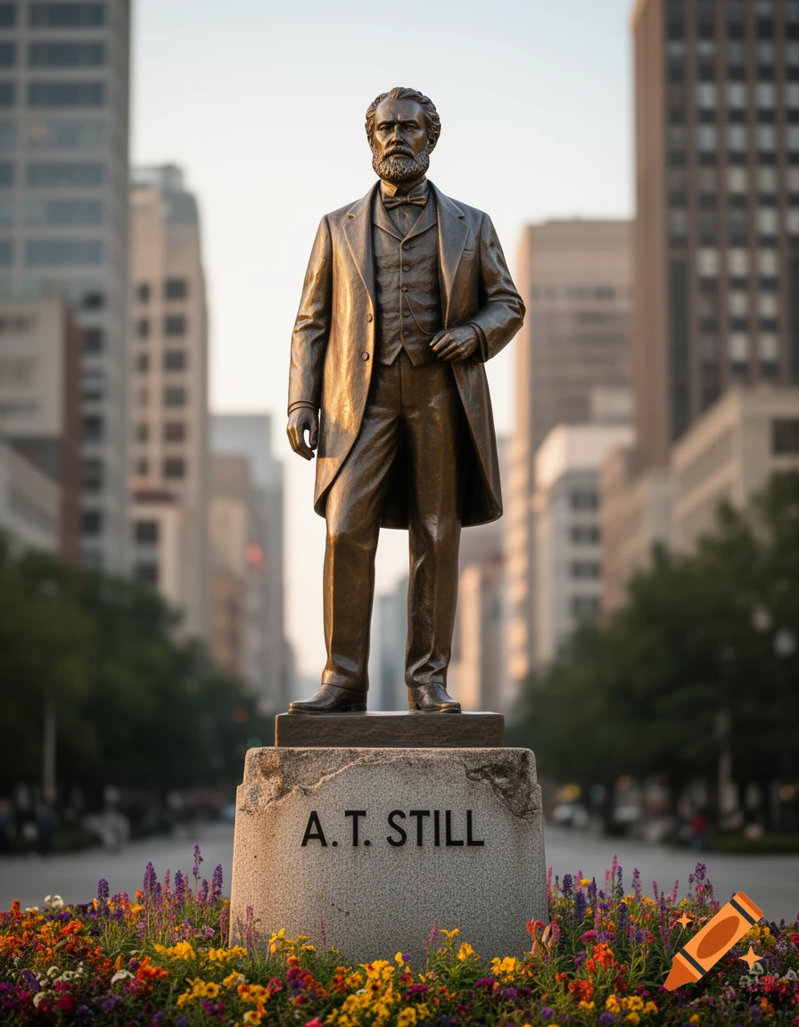 A bronze statue of a bearded man in a suit, labeled "A.T. STILL" on its base, stands amidst flowers in a city.