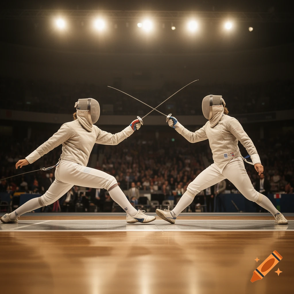 Two fencers in full gear clash swords in a dynamic lunge during a competition in a lit arena with a blurred crowd in the background.