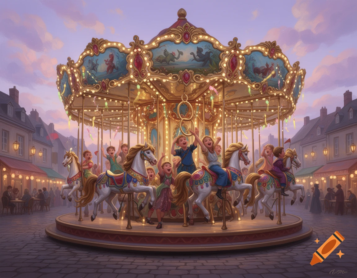 Vibrant illustration of happy children riding a festive carousel at sunset in a quaint European town square.
