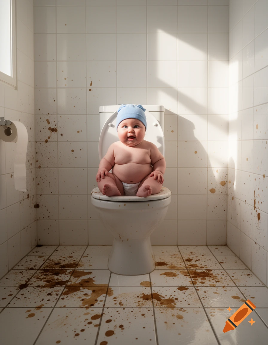 A cute, chubby baby in a blue hat and diaper sits on a toilet in a very messy bathroom with brown splatters everywhere.