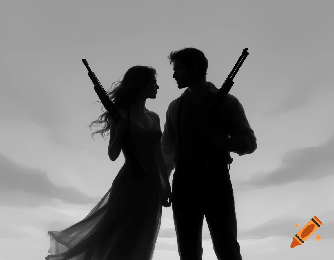 Black and white silhouette of a man and woman holding shotguns over their shoulders, facing each other against a cloudy sky.