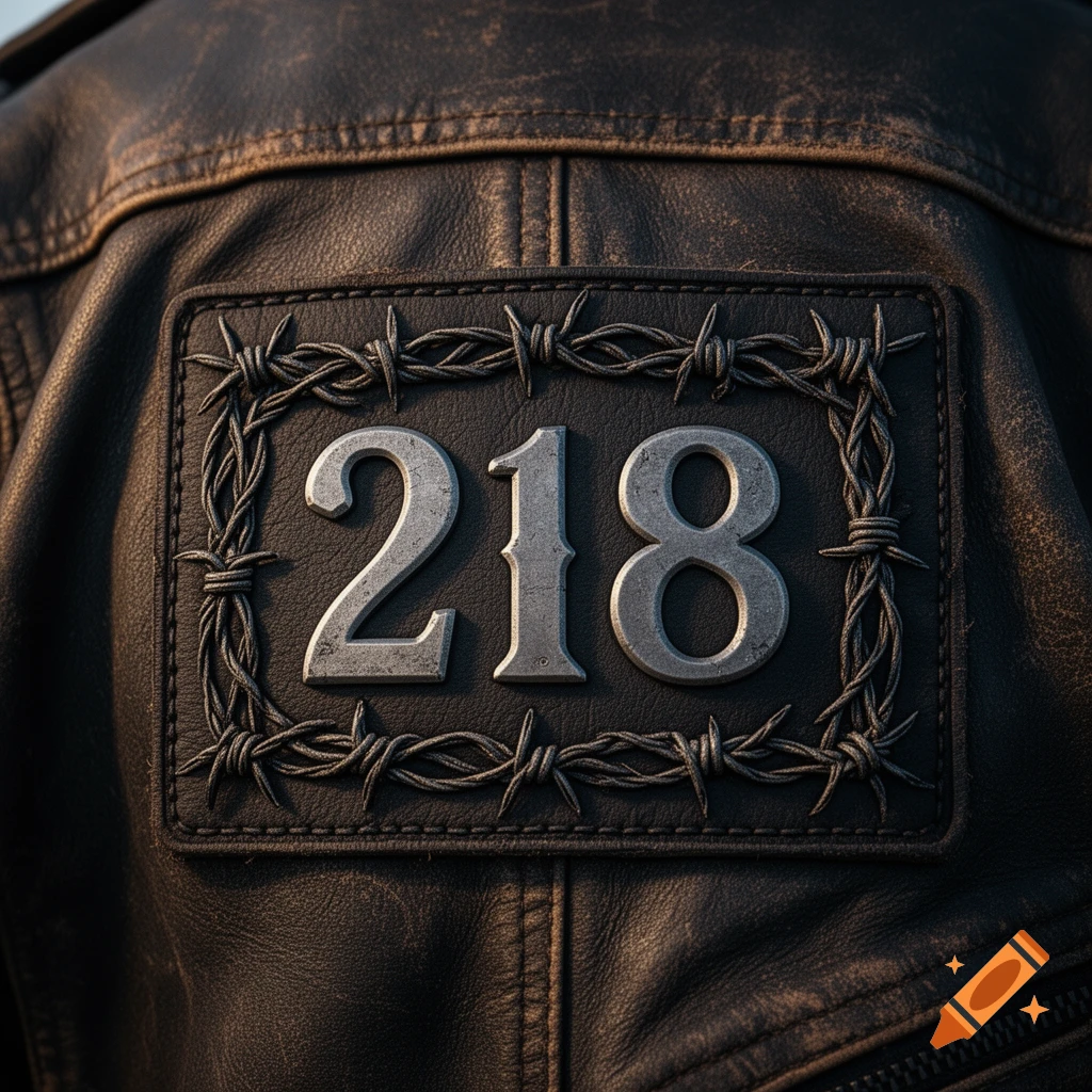 Close-up of a weathered dark leather jacket featuring a rectangular metal patch with the number '218' framed by barbed wire.