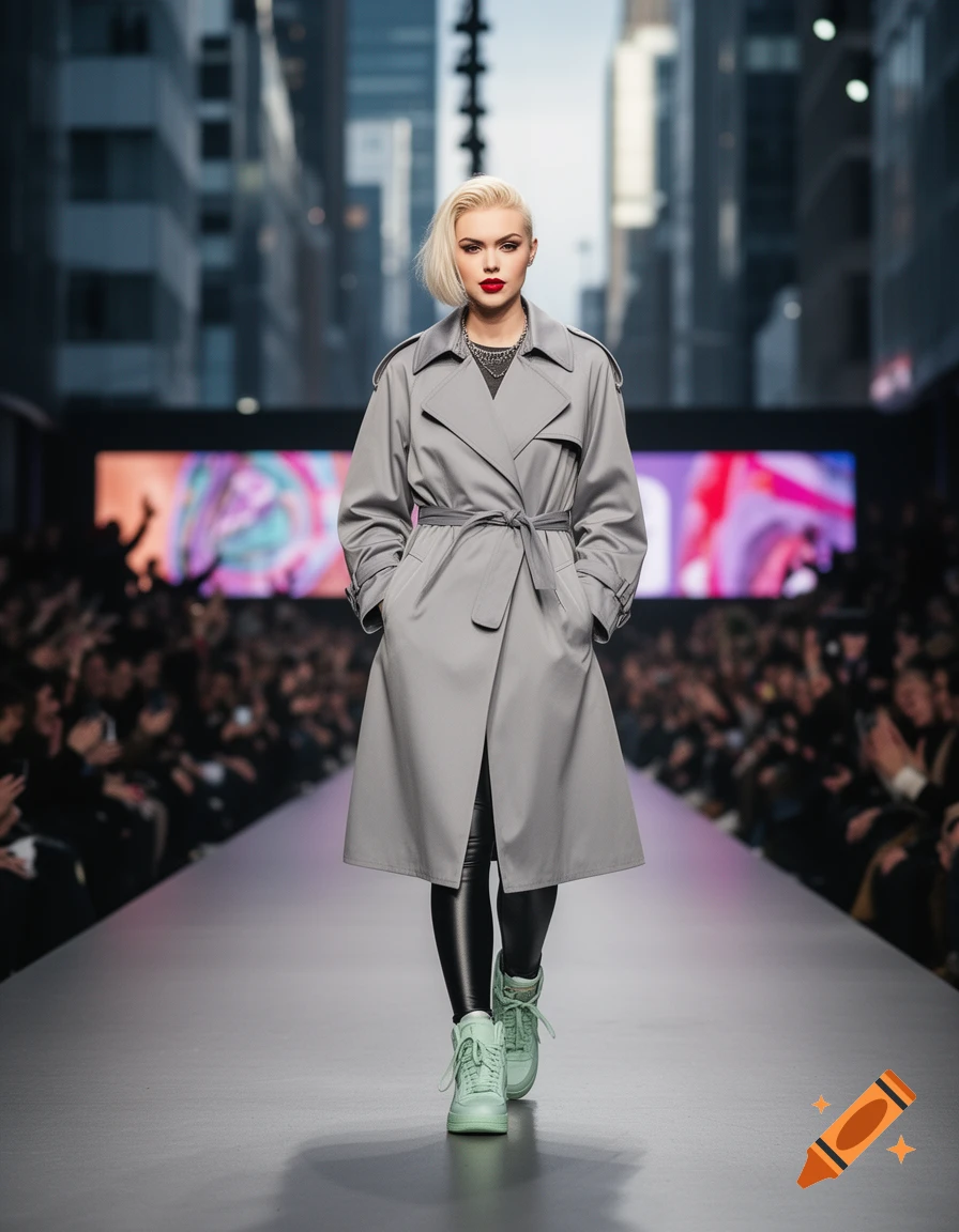 A blonde woman with red lipstick walks on a runway, wearing a grey trench coat, black leggings, and mint green sneakers, with a blurred city background.