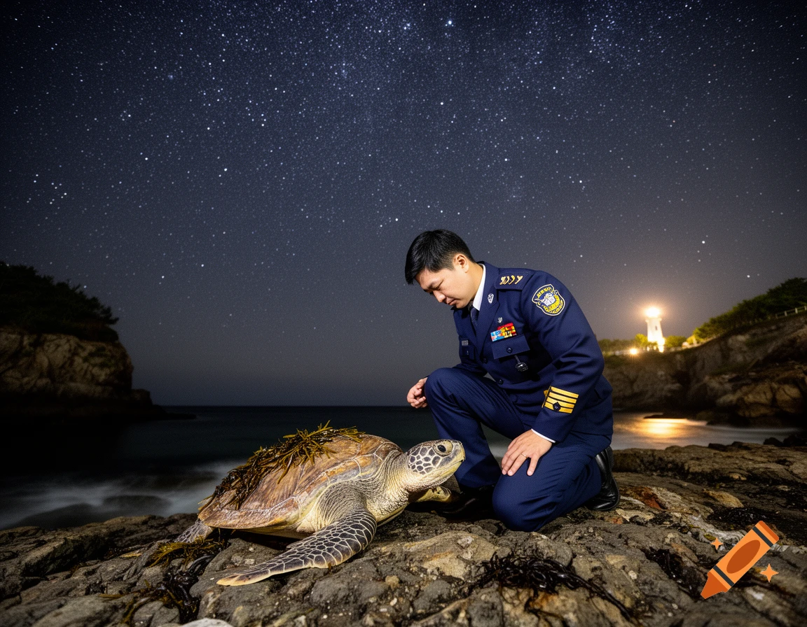 A person in a blue uniform kneels on a rocky shore next to a large sea turtle under a vibrant starry night sky, with a lighthouse in the background.