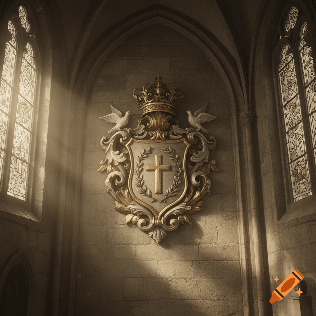 Ornate golden and white coat of arms with a cross, crown, and doves on a stone church wall, illuminated by sunlight from a stained glass window.