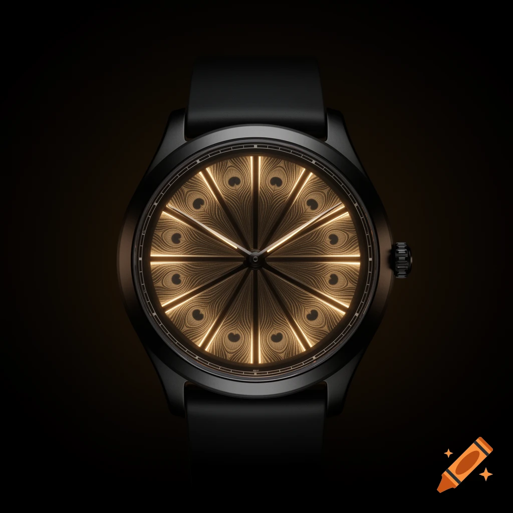 An ultra-luxury black matte titanium wristwatch with a glowing golden dial featuring a radial peacock feather design, on a dark background.