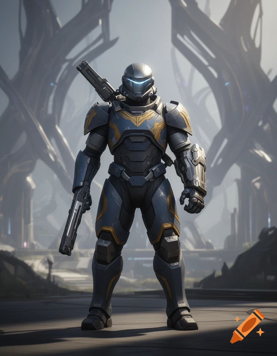 A heavily armored futuristic soldier, wearing dark grey and gold armor, stands holding a rifle in a desolate alien landscape.