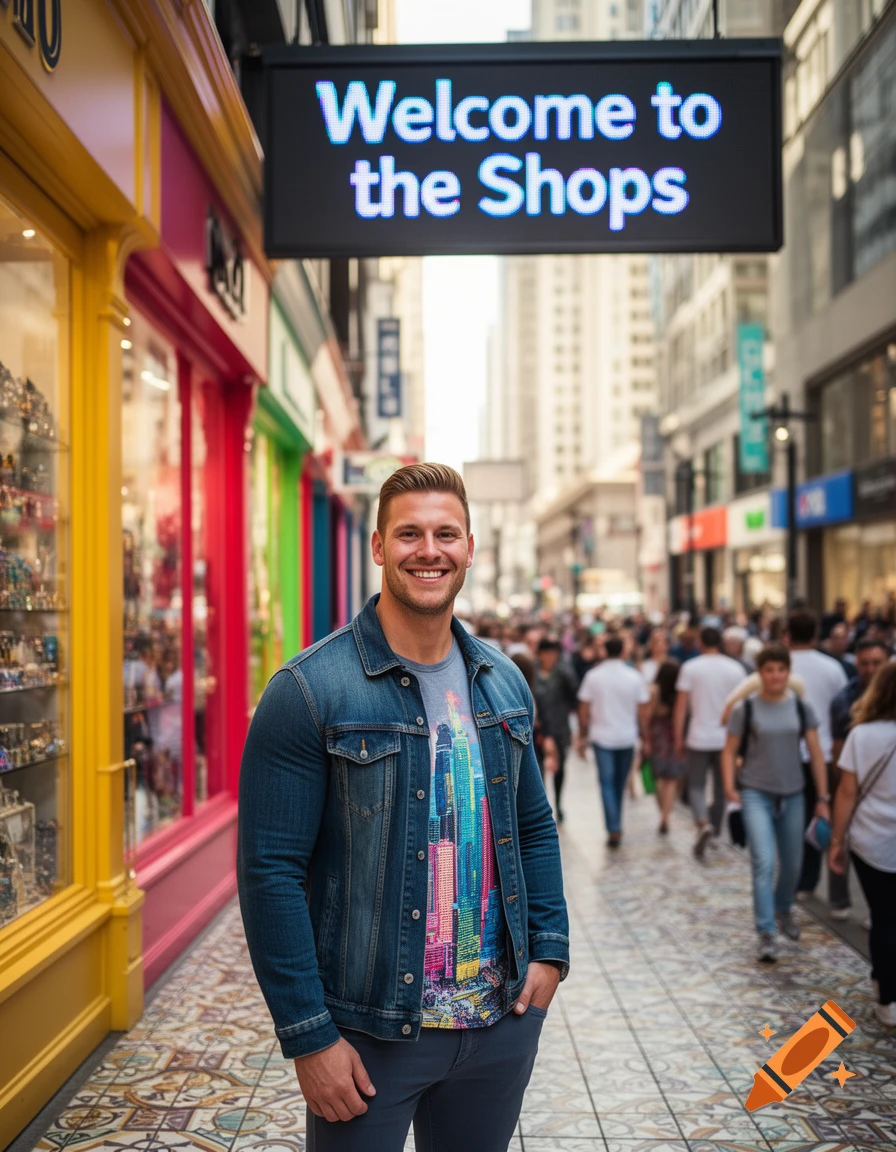 A smiling man in a denim jacket stands on a patterned sidewalk in front of colorful shops, with a "Welcome to the Shops" sign overhead and a busy street scene behind him.