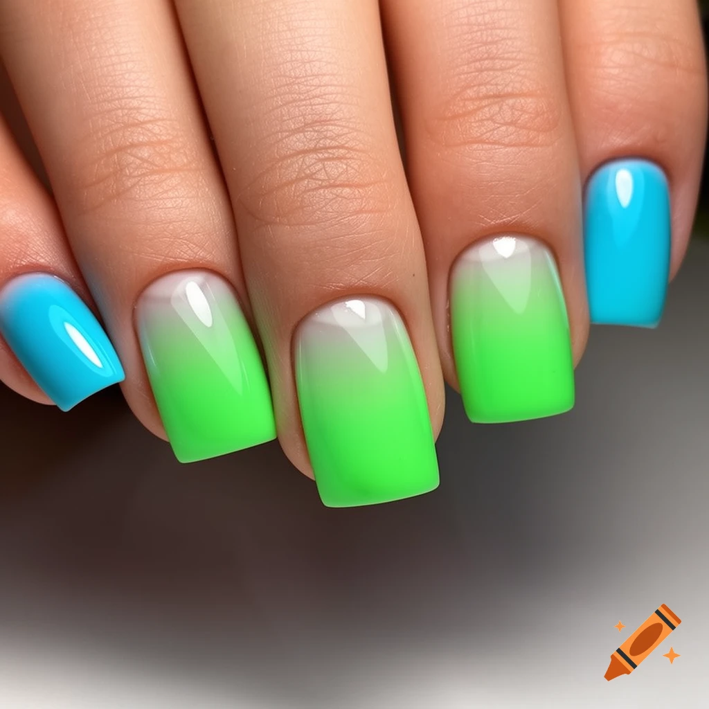 Close-up of a hand with square nails, featuring a white to bright green gradient design and solid turquoise blue nails.