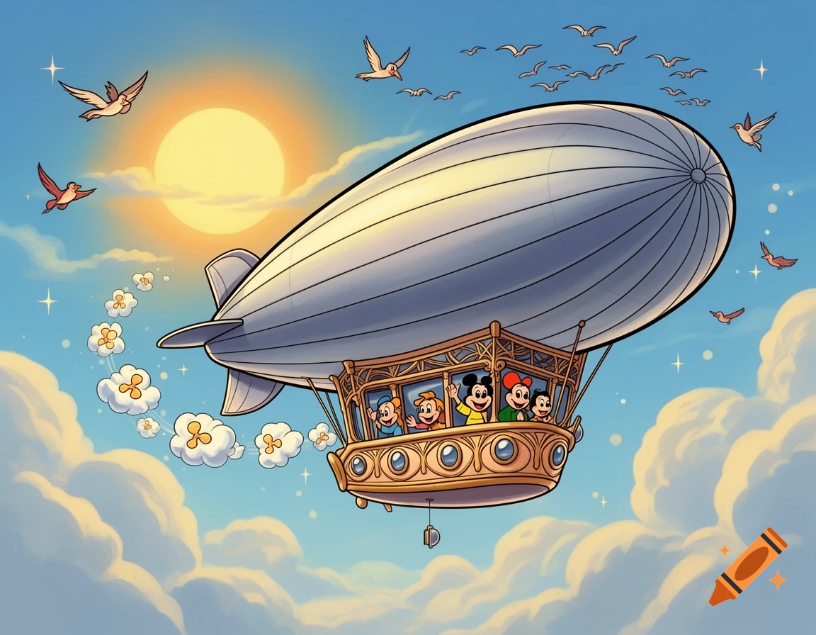 A cartoon zeppelin carrying Mickey Mouse and friends flies high in a sunny, cloudy sky with birds.