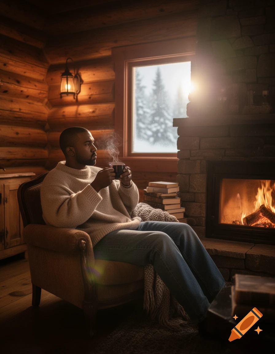 Kanye West sips coffee in a warm wooden cabin by a fireplace, looking out a window at a snowy scene.