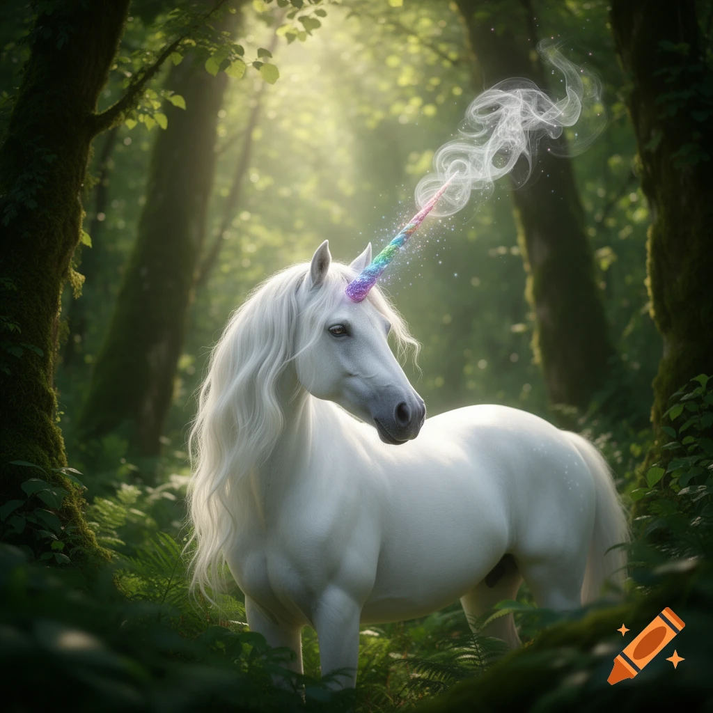 A majestic white unicorn with a sparkling rainbow horn stands in a sun ...