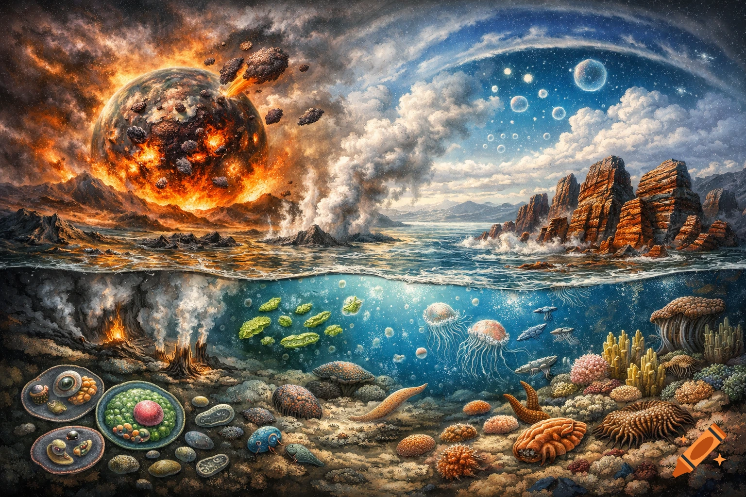A detailed illustration of Earth's formation, with a fiery, chaotic planet above and a clear ocean teeming with diverse early life below.