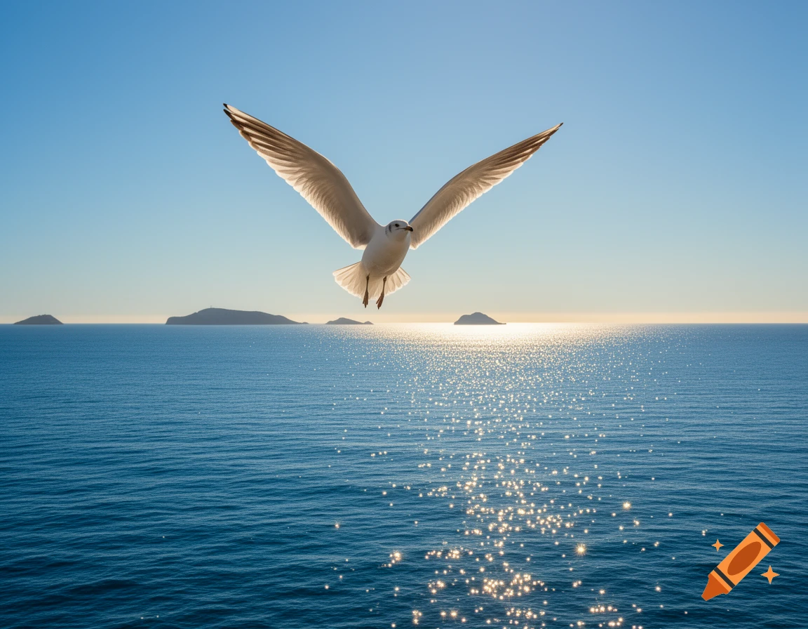 A white seagull flies with spread wings over a calm blue ocean, sparkling with sunlight, small islands on the horizon under a clear sky.