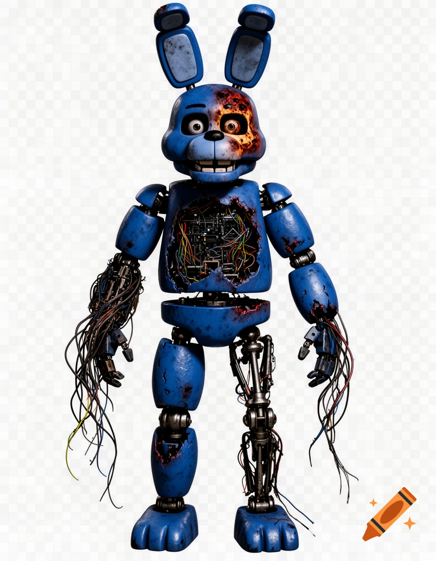 A damaged blue animatronic rabbit, resembling Bonnie from FNAF, stands with a burned face and exposed wires and endoskeleton.