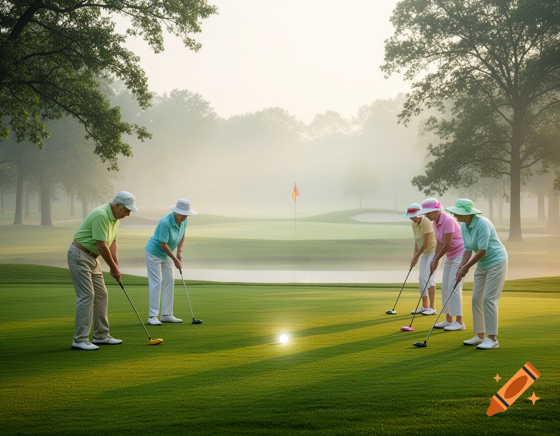 Elderly golfers on a misty green, with a man and woman putting on the left and three women putting on the right near a pond and flag.