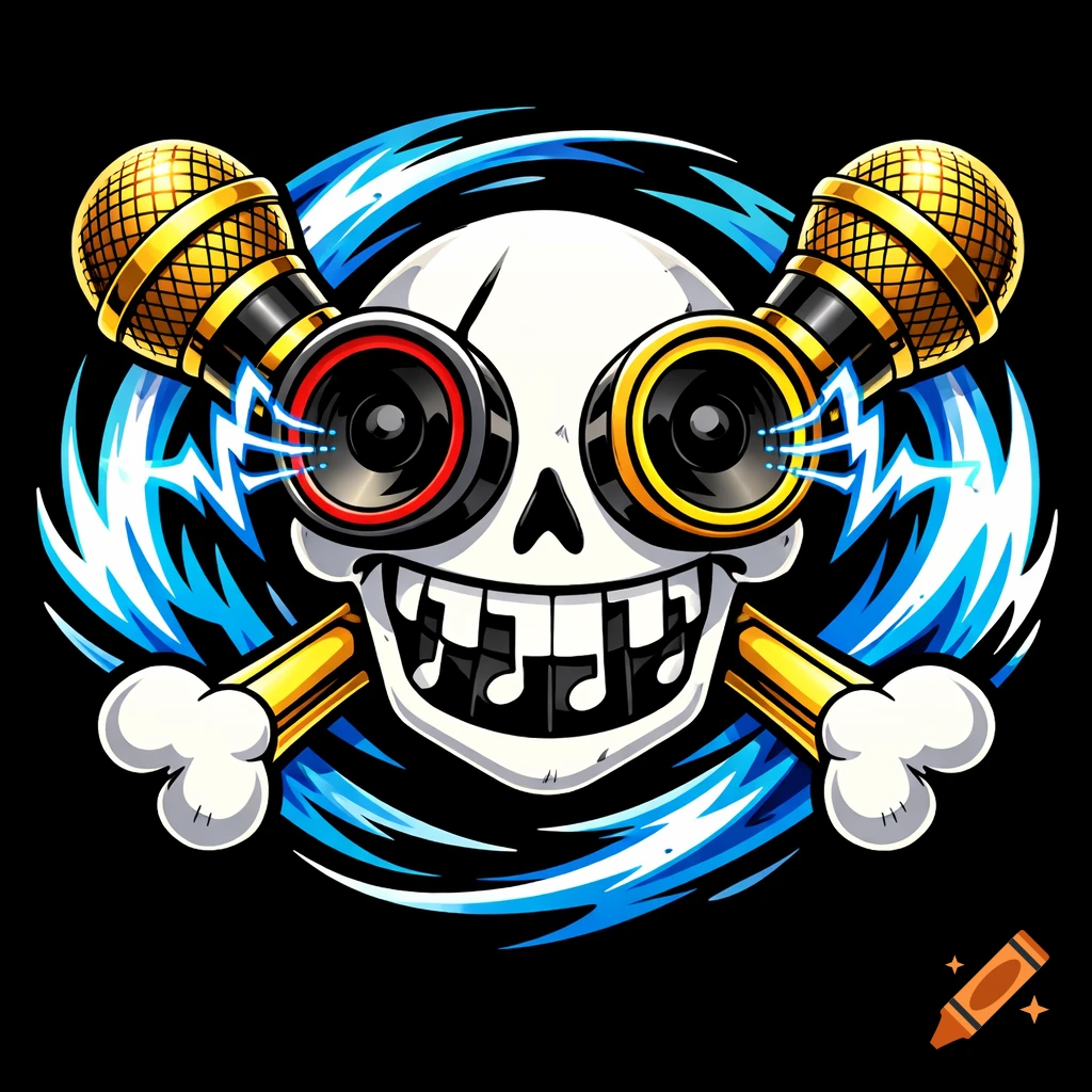A cartoon skull with speakers for eyes and musical note teeth, crossed with golden microphones and bones against blue lightning.