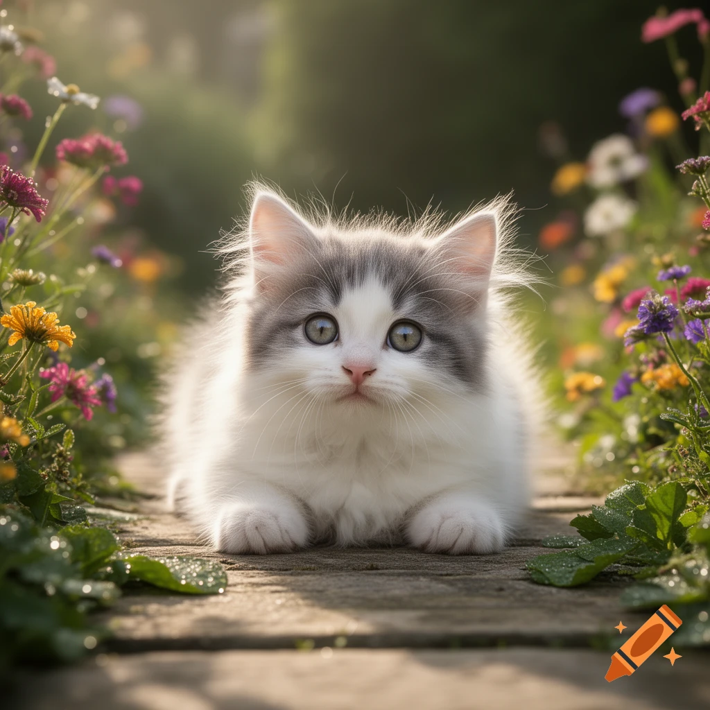 A fluffy white and gray kitten with bright eyes lies on a wooden path surrounded by colorful flowers in a sunny garden.