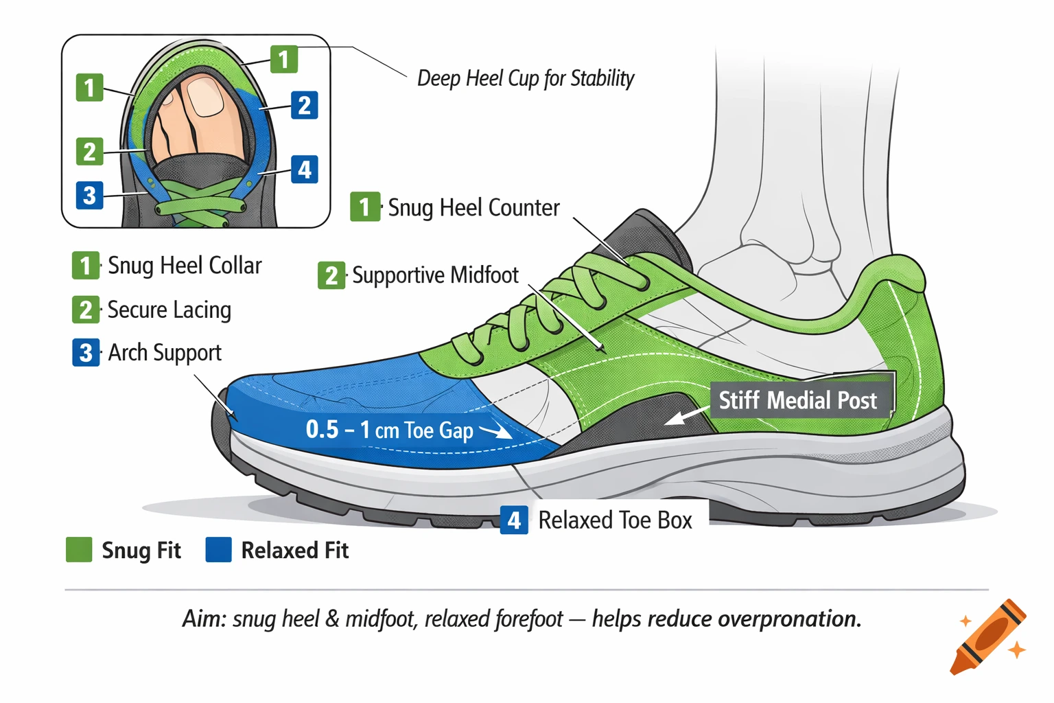 An educational diagram of a running shoe with parts of the foot visible, showing 'snug fit' areas in green and 'relaxed fit' areas in blue, with labels explaining fit for overpronation.