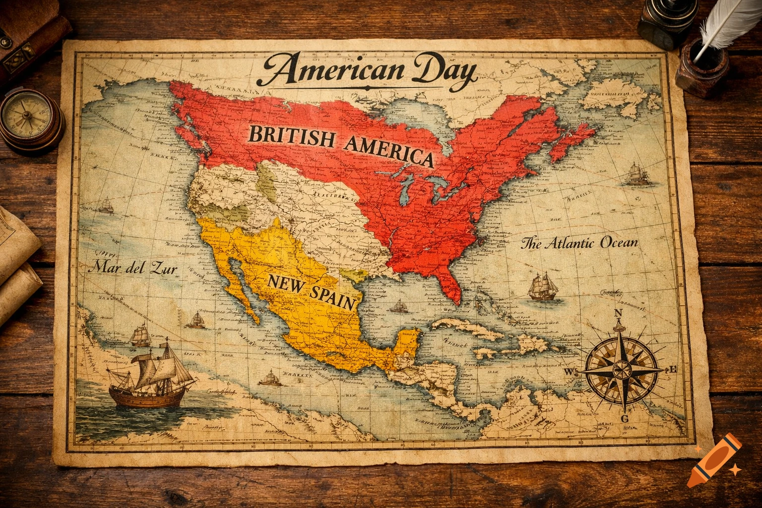 Vintage map of North and South America with British America in red and New Spain in yellow, showing 'American Day' text, on a wooden table.