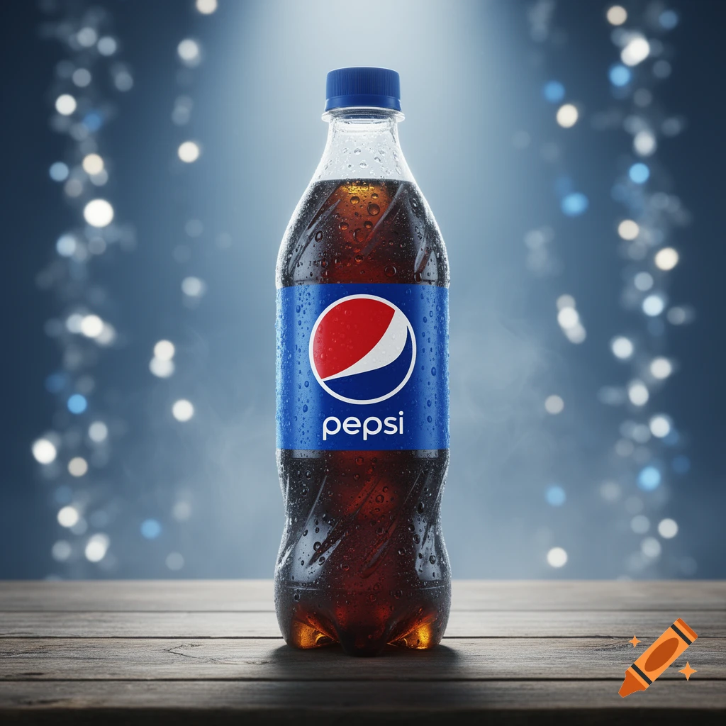A photorealistic cold Pepsi bottle covered in condensation on a wooden table with a blurry background of blue and white lights.