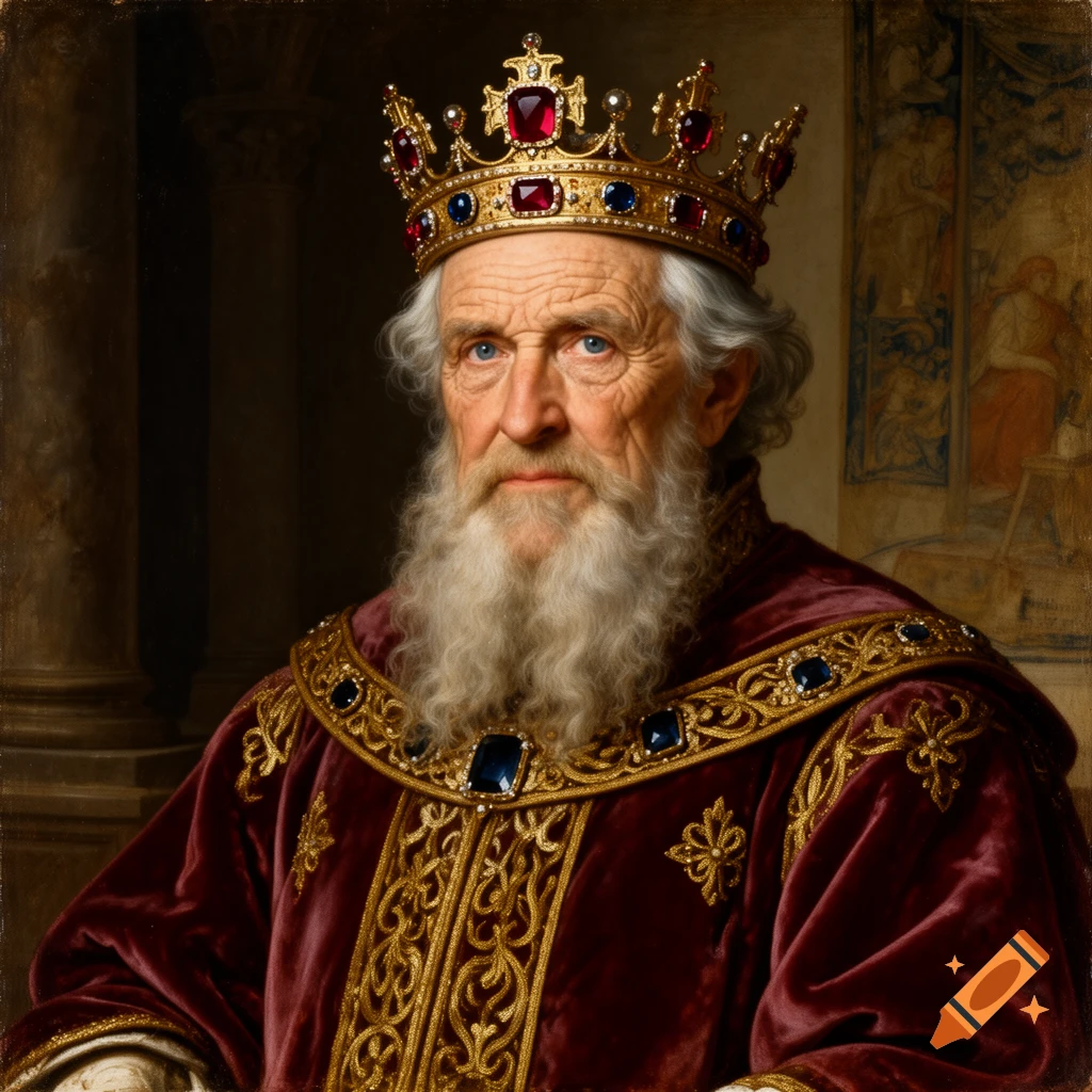 A detailed oil painting depicts an old king with a long white beard and a jeweled crown, wearing a rich red and gold royal robe.