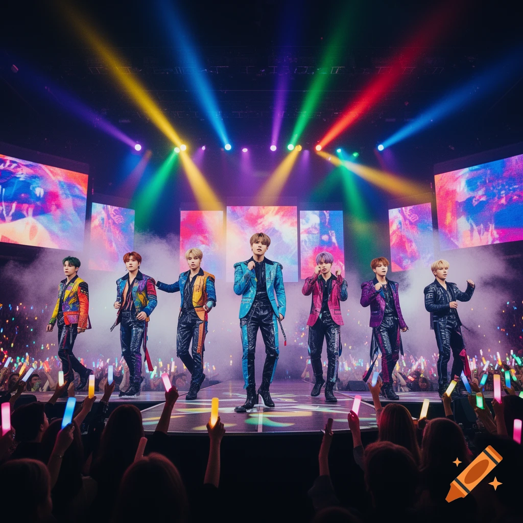 A K-pop boyband performs on a vibrant stage under colorful lights, with an audience holding light sticks.