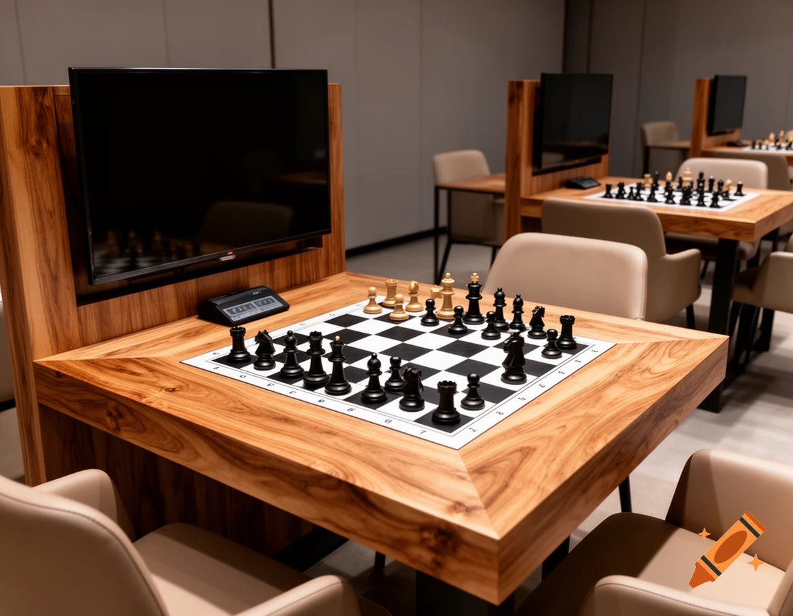 Modern chess competition room with multiple wooden tables, integrated boards, chess pieces, clocks, and monitors.