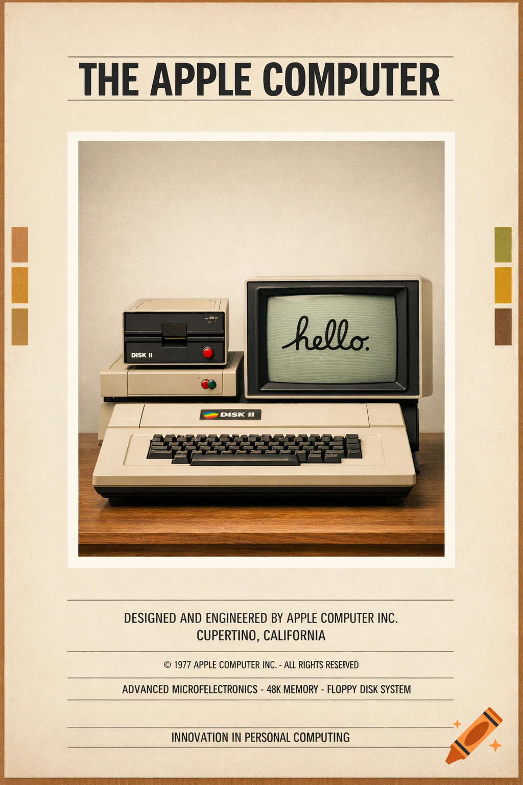 A vintage poster for 'The Apple Computer' featuring an old Apple computer setup with a monitor displaying 'hello.' and 'DISK II' branding, in a mid-century modern style.