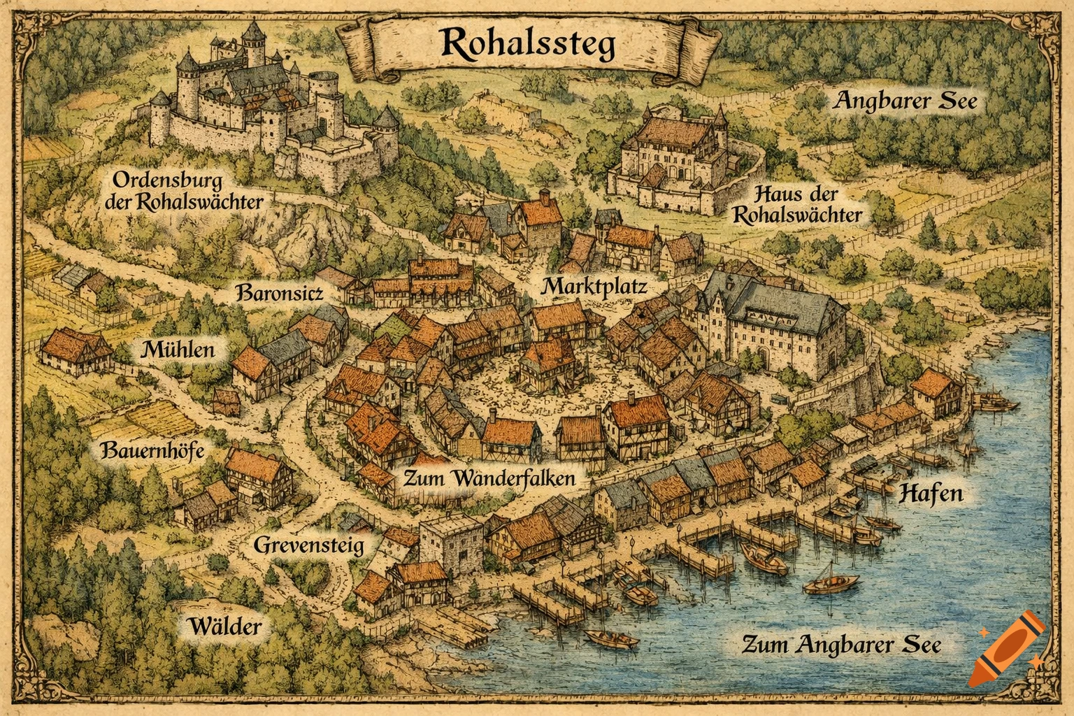 Detailed hand-drawn fantasy map of the fortified town Rohalssteg, with a castle, houses, harbor, lake, and various labeled locations.