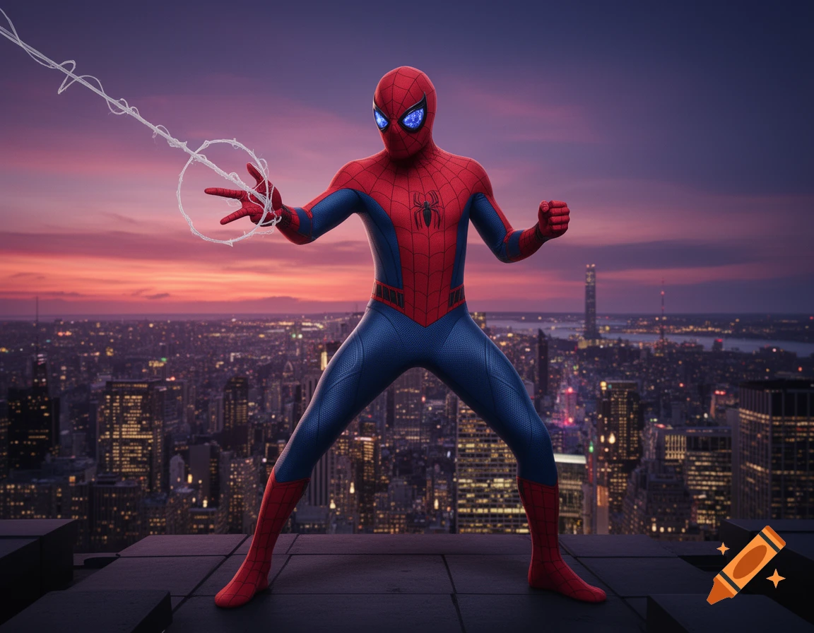 Spider-Man stands on a rooftop against a vibrant sunset over a city skyline, poised to shoot a web.