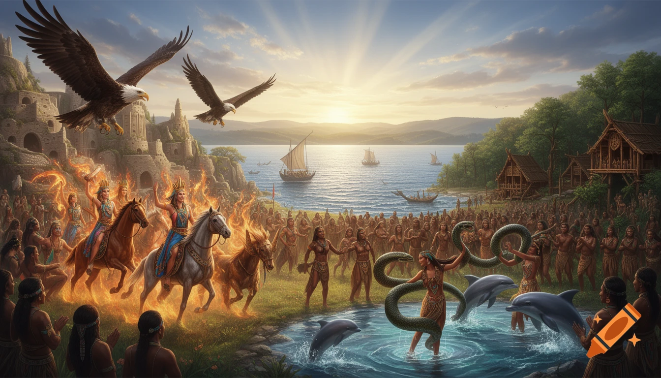 An epic painting of two ancient tribes meeting by a lake at sunset, one with eagles and horses, the other with snakes and dolphins.