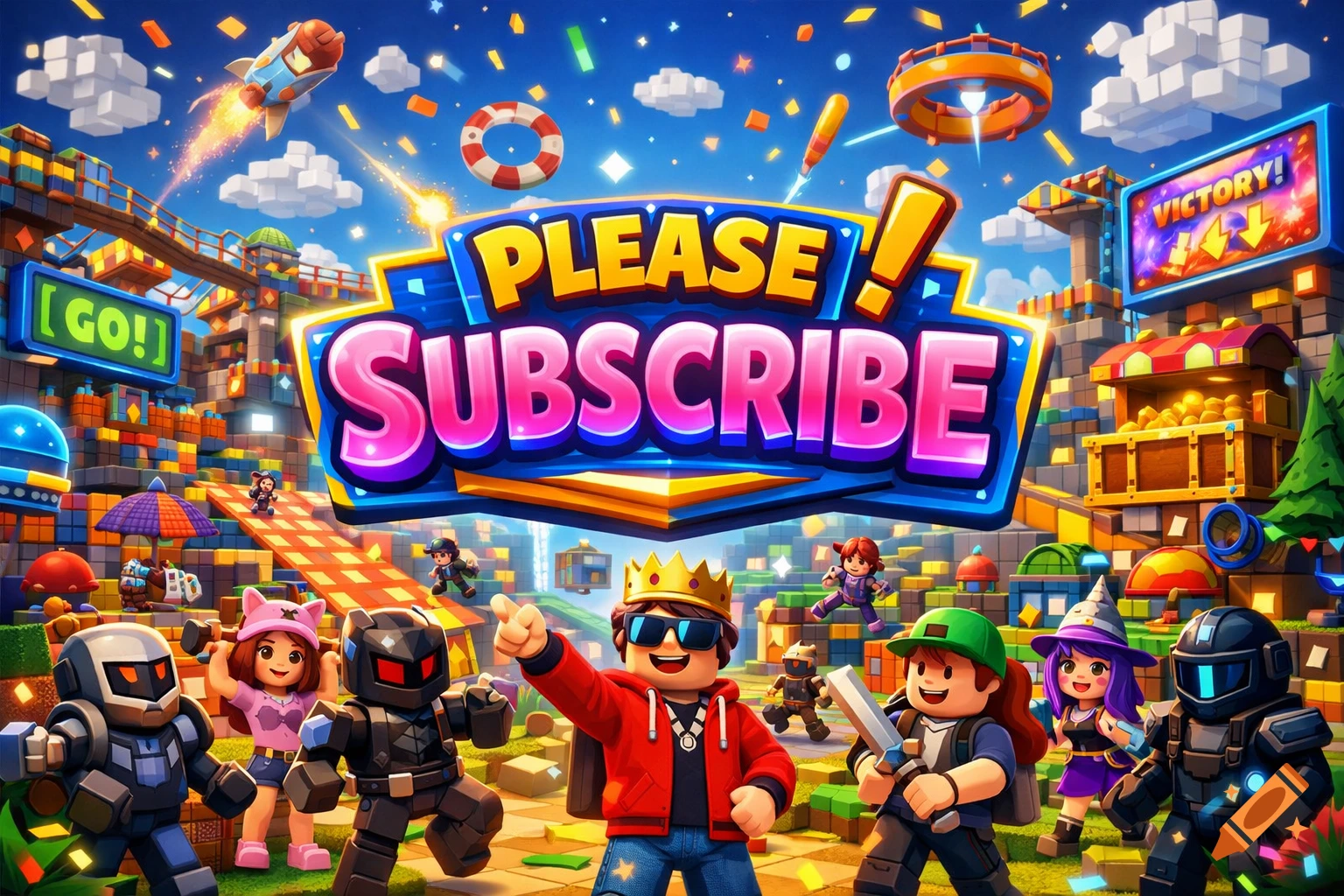 Vibrant blocky cartoon game art showing characters in a Roblox-style world with a large 'PLEASE SUBSCRIBE' sign and confetti.