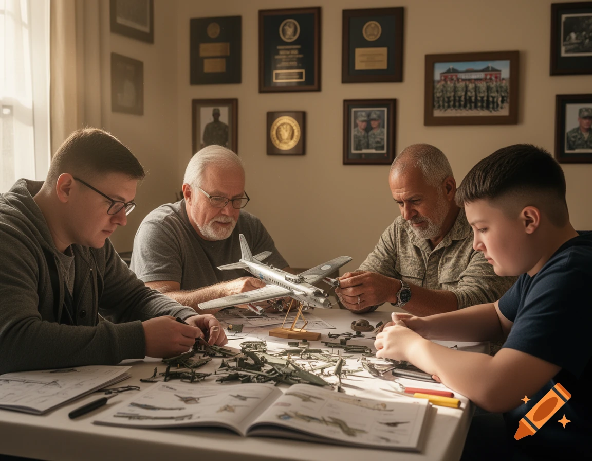Four males, two older and two younger, sit around a table assembling model airplanes, with manuals open and parts spread out.