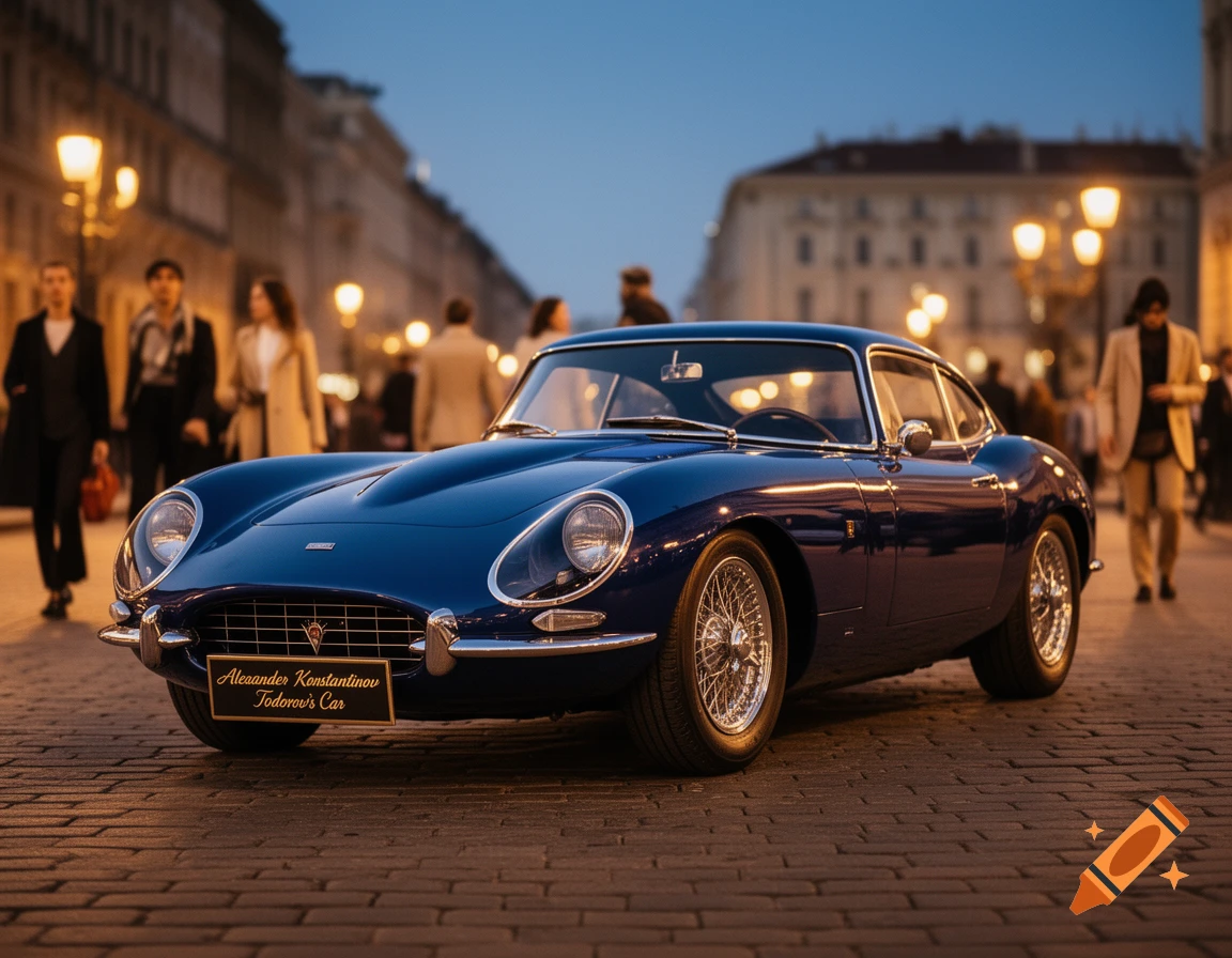 A photorealistic dark blue classic car with wire wheels parked on a cobblestone street at dusk, with blurred people and streetlights.