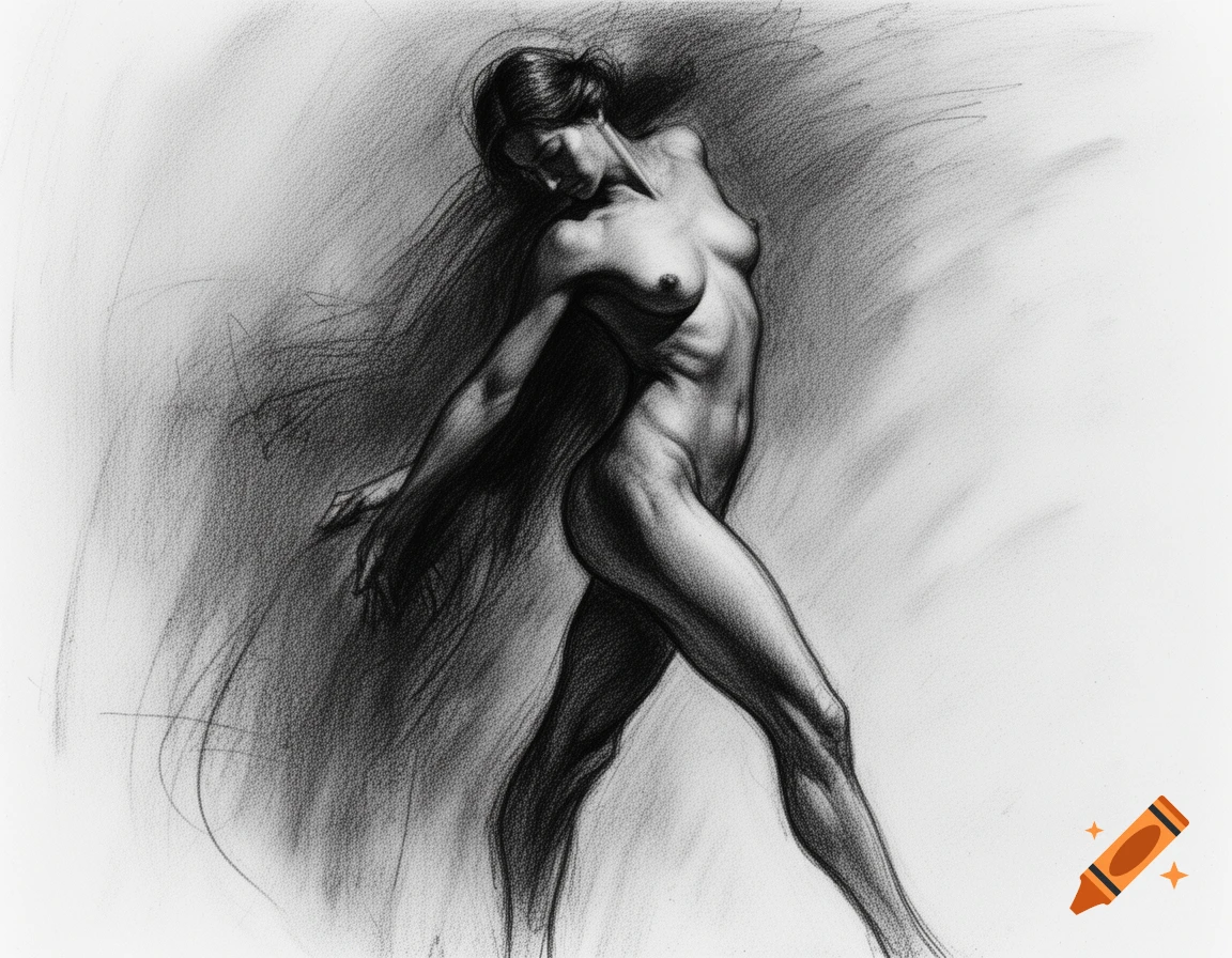 Charcoal drawing of a nude female figure with dark hair, posed dynamically against a smudged grey background.