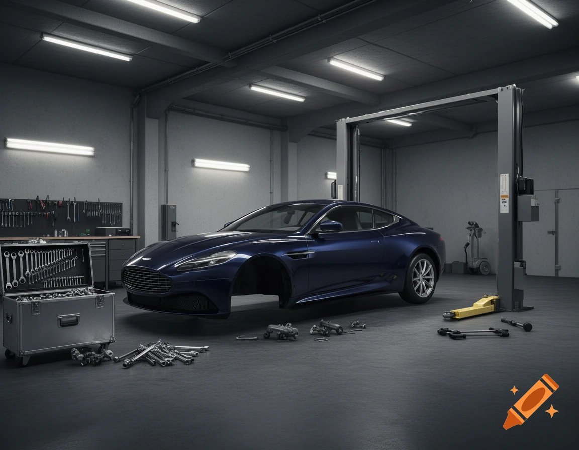 A blue luxury sports car with its front wheels removed, surrounded by tools in a well-lit car repair garage with a hydraulic lift.